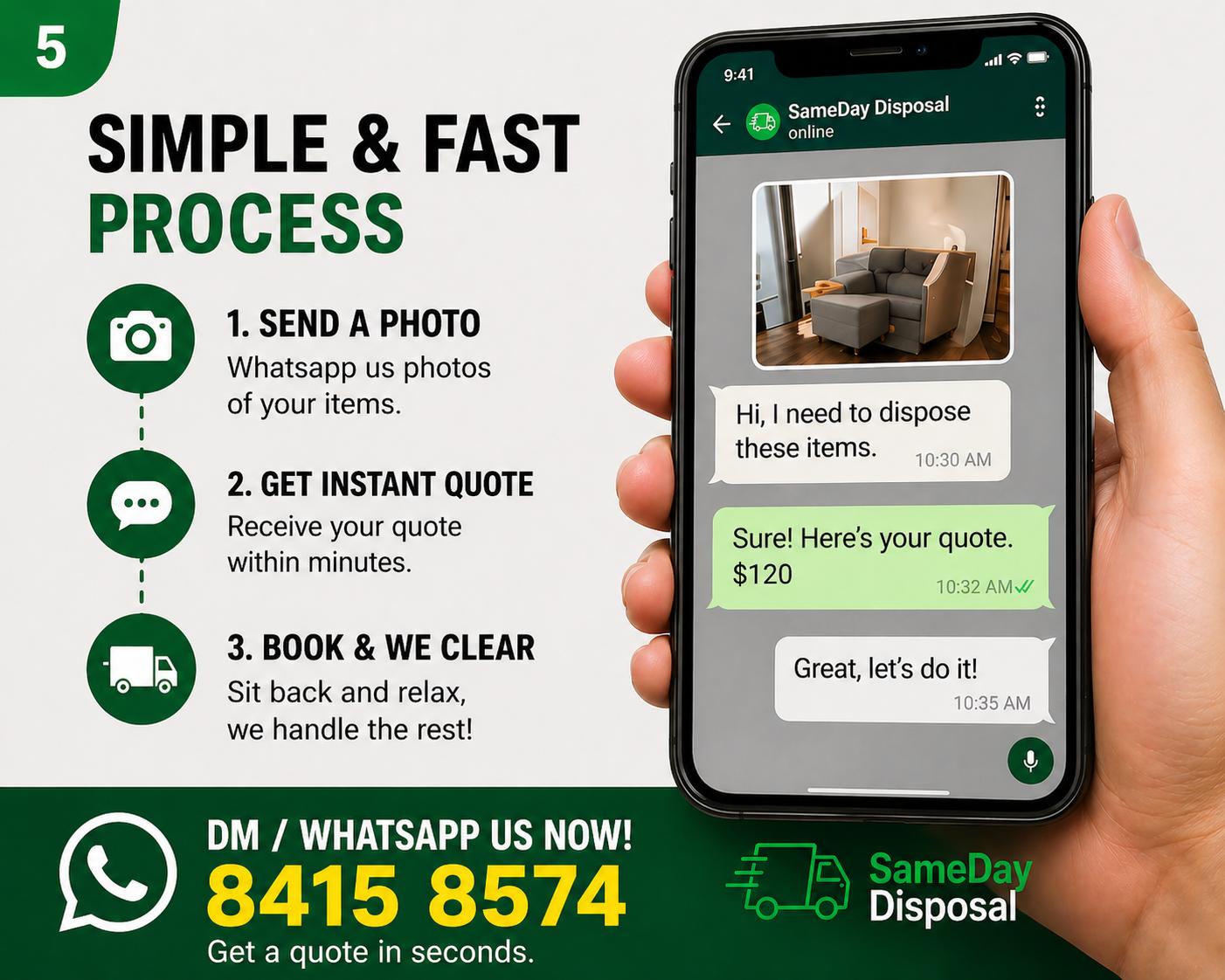 Simple and fast process — send a photo on WhatsApp, get an instant quote, book and we clear