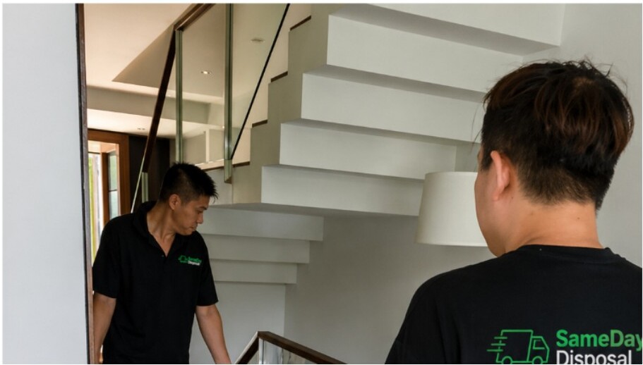 Crew carrying items down stairs